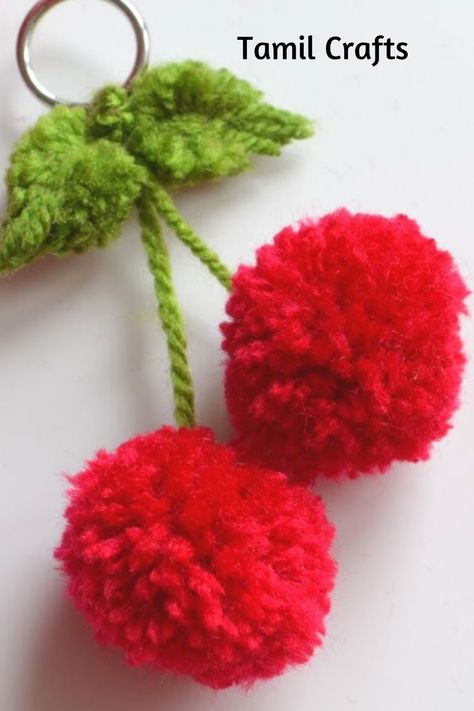 Woolen Thread Craft Ideas, Cherry Keychain, Pom Crafts, Diy Pom Poms, Yarn Craft, Easy Halloween Crafts, Pom Pom Crafts, Crochet Shop, Crochet Diy