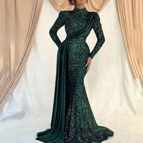 Long Sleeve Mermaid Dress, Baju Kahwin, High Collar Dress, 2023 Prom, Ruffle Prom Dress, Green Prom, Dresses 2022, Long Sleeve Prom, Braut Make-up