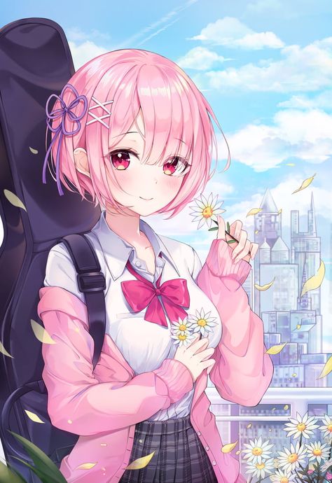 Ram Goes to School Short Hair Anime, Pink Hair Anime, Anime Illustration, Hair Anime, Re Zero, Anime Boys, Anime Kawaii, An Anime, Manga Drawing