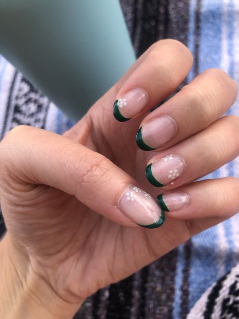 Green Flower Nails, Green French, Green Tips, Prom Nails, Floral Nails, French Tip Nails, Floral Short, Flower Nails, Green Nails