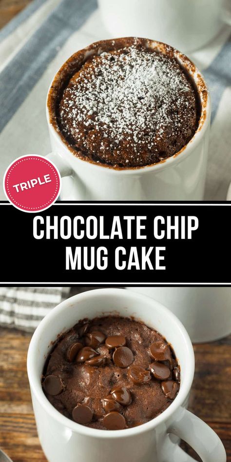 Triple Chocolate Chip Mug Cake is a rich, comforting dessert that only takes a few minutes to make. It's chocolatey, delicious, and perfect for beginner chefs. Mug Cakes Microwave, Mug Cakes Recipes, Choc Mug Cake, Chocolate Mug Cake Microwave, Easy Single Serve Desserts, Mug Desserts, Chocolate Cake In A Mug, Mug Dessert, Microwave Brownie