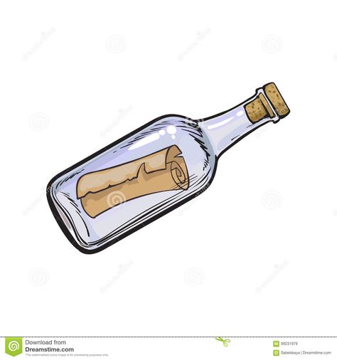 Message Letter Scroll In Transparent Glass Bottle Stock Vector - Image: 99231979 Bottle Drawing Ideas, Message In A Bottle Drawing, In A Bottle Drawing, Letter In A Bottle, Bottle Illustration, Anime Face Drawing, Doddle Art, Pirate Tattoo, Santa Claus Images