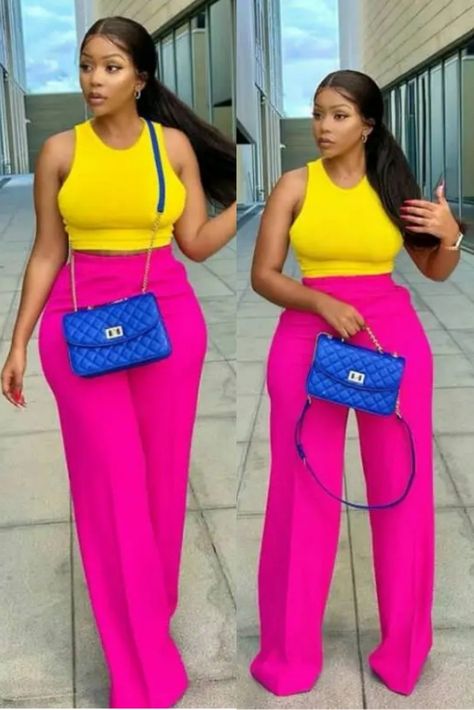 Colourful Casual Outfits, Outfit Pantalon Rose, Pink Dress Pants Outfit, Summer Work Outfits Women, Contrast Outfit, Pantalon Rose, Neat Casual Outfits, Colour Combinations Fashion, Color Combos Outfit