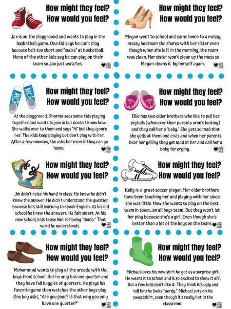 We can intentionally teach our kids compassion with these social stories that help them walk in other kids' shoes. How would they feel? How would you feel? What could you do about it? Use these free kindness cards as sel curriculum for morning meetings or for family connection around the dinner table. These kindness activities for kids will help them speak and act with kindness more often. Empathy Scenario Cards Free, Connection Activities For Kids, What Would You Do If, Social Awareness Activities For Kids, Assertiveness Activities For Kids, Compassion Activities For Kids, Positive Action Activities For Kids, Moral Development Activities, Walk In My Shoes Activity