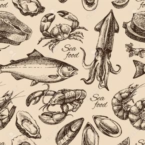 Hand Drawn Sketch Seafood Seamless Pattern. Vintage Style Vector ... Seafood Tattoo, Food Sketch, Fish Drawings, Fish Market, Ink Sketch, Arte Popular, Seafood Restaurant, Ink Pen Drawings, Art Clipart