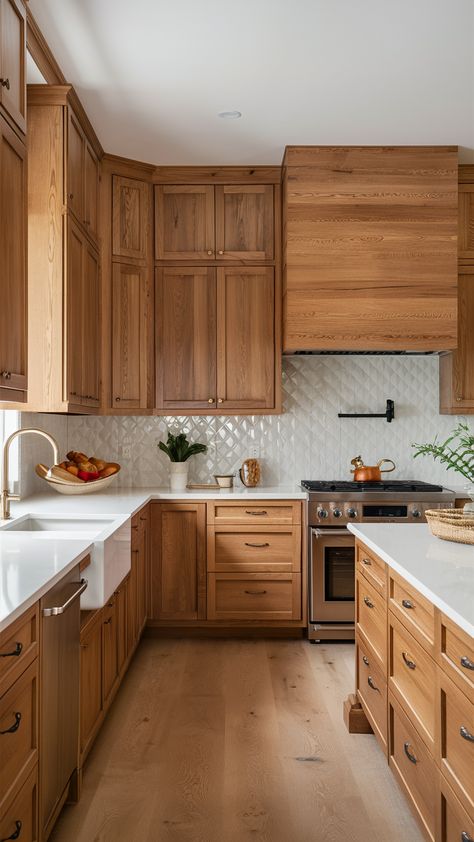 Flooring With Birch Cabinets, Countertop Colors For Oak Cabinets, Kitchen Flooring Wood Cabinets, Two Tone Kitchen Cabinets Small Space, Wood Kitchen Cabinets With White Counter, Two Toned Wood Kitchen Cabinets, Styling Honey Oak Cabinets, Oak Wood Kitchen Ideas, Oak Cabinet Makeover Before After