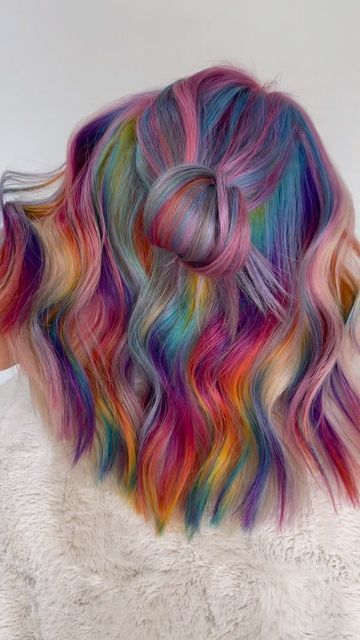 Easter Hair Color, Rainbow Fringe, Rainbow Hair Underneath, Pink Rainbow Hair, Colourful Hair, Vivid Hair Color Placement, Prism Hair, Rainbow Underneath Hair, Prism Hair Color