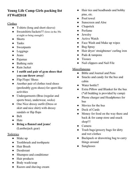 Young Life Camp Girls Packing List Packing List For School Camp, Summer Church Camp Packing List, Camp America Packing List, Packing List For Summer Camp, What To Pack For School Camp, Camping Packing List Women, Camp Essentials For Girls Summer, Bible Camp Packing List, What To Bring To Summer Camp