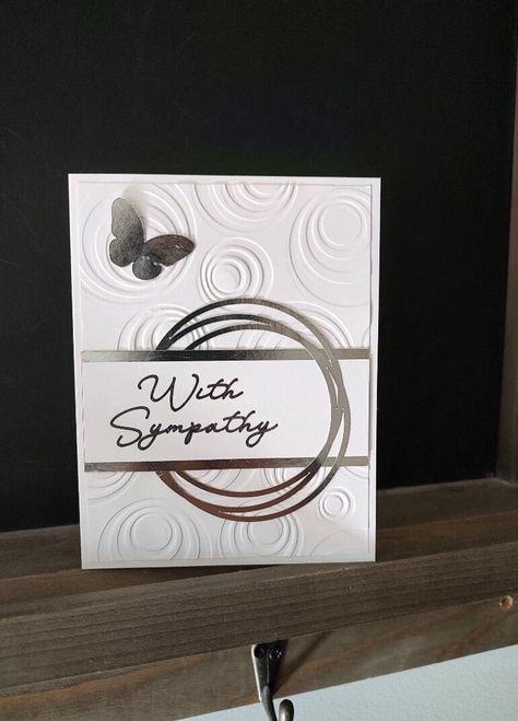 This listing is for a white and silver embossed sympathy card. It features a shiny silver swirl with a silver butterfly and the words WITH SYMPATHY in script.  Inside has a gray border with plenty of room to write your own message.  The card measures approximately 5.5 X 4.25" to fit in a standard A2 envelope. Will come packed in a clear cellophane sleeve.  These cards are created in a smoke free environment. Please ask any questions before buying. Each card is individually made so slight variations may occur. Sympathy Cards Stampin Up Ideas, Sympathy Cards Handmade Simple, Sympathy Greetings, With Sympathy, Sympathy Cards Handmade, Crafters Companion Cards, Sympathy Quotes, Awesome Tattoos, Embossed Cards