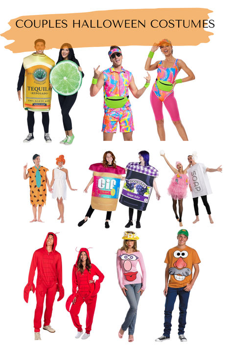 Get in the spirit with these COUPLES COSTUMES! Tequila + Lime, 80s exercise, Fred + Wilma, Peanut Butter + jelly, Louffa + Soap, Lobster Lovers and Mr. + Mrs. Potato Head! <3 80s Exercise, Mrs Potato Head, Couples Halloween Costumes, Costumes Couples, Potato Heads, Grape Jelly, Potato Head, Peanut Butter Jelly, Couples Halloween