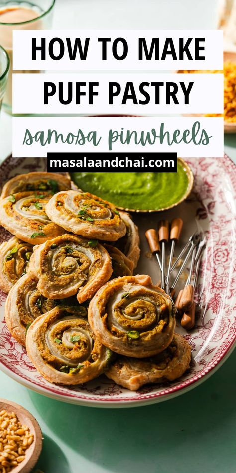 Try these Puff Pastry Samosa Pinwheels for an easy, mess-free take on the classic Indian snack! Filled with a spiced potato and peas filling, these samosas are baked in flaky puff pastry, making them the perfect appetizer for any party. Samosa Pastry Rolls, Puff Pastry Samosa, Samosa Appetizers, Potato Samosa Recipe, Samosa Pinwheels, Aloo Samosa, Pastry Making, Cilantro Chutney, Potato Puffs