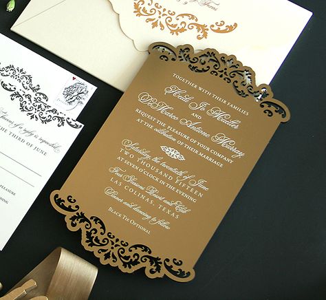 Elegant laser cut gold acrylic invitation for Heidi Mueller and DeMarco Murray Wooden Wedding Invitations, Gala Decorations, Wedding Tokens, Rustic Wedding Invitations, Hindu Wedding Invitations, Acrylic Invitation, Inside Weddings, Wedding Types, Laser Cut Invitation