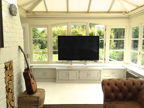 Conservatory TV...BOYS ROOM  www.LittleDesignHouse.co.uk Tv In Conservatory, Conservatory Tv Room, Tv In Sunroom, Sunroom With Tv, Conservatory Renovation, Conservatory Ideas Interior, Lounge Layout, Pond Build, Conservatory Interiors