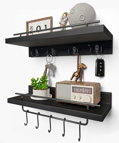 PRICES MAY VARY. 【Shelf & Hook 2 in 1 Design】Beskadi floating shelves with hooks specially combines wooden wall shelves and metal hooks in one unit, make it has two functions. The top shelf can display or organize your favorite things conveniently, and the hooks are great for hanging towels, bags, keys and more other items. One set for all the space storage needs in your home! 【Excellent Value for Money】More than just pine wood wall shelves with hooks, it also offers additional storage and displ Coffee Bar Black, Bathroom Wall Shelf, Pine Wood Walls, Coat Rack With Shelf, Wall Shelf With Hooks, Black Floating Shelves, Shelf Hooks, Floating Shelves Bathroom, Coat Rack Shelf