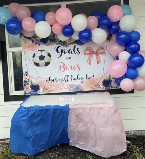 Goals Or Bows Gender Reveal Ideas, Goals Or Bows Gender Reveal, Backdrop Easy, Gender Reveal Theme, Gender Reveal Backdrop, Bows Gender Reveal, Bow Gender Reveal, Gender Reveal Themes, Gender Reveal Ideas