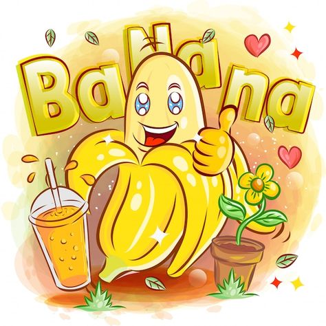 Cute yellow banana with a glass of juice | Premium Vector #Freepik #vector #banana-cartoon #fruit-cartoon #fruit-character #food-character Banana Juice, Fruity Ice Cream, Food Character, Smoothie Jar, Glass Of Juice, Cute Cartoon Food, Food Characters, Monkey Banana, Breakfast Juice