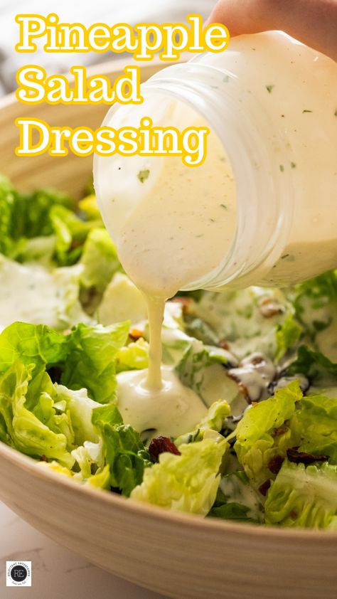 Creamy, tangy, sweet, and perfect over any kind of greens, this Pineapple Salad Dressing is as delicious as it is unique! Unique Salad Dressing Recipes, Pineapple Salad Dressing, Pineapple Dressing, Unique Salads, Fruit Dressing, Lemon Salad Dressings, Unique Salad, Pineapple Sauce, Pineapple Salad