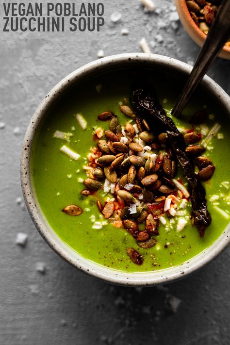 Ready in 30 minutes, this gluten-free and vegan Poblano Zucchini Soup Recipe features simple ingredients and is topped with crunchy pepitas coated in a zesty chili-lime mixture! #dinner #easymeal From Minneapolis Food Blogger Karly Gomez | asimplepantry.com Vegan Poblano, Minneapolis Food, Poblano Soup, Zucchini Soup Recipes, Poblano Chili, Best Vegan Cheese, Zucchini Soup, Vegan Zucchini, Mexican Cooking