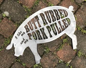 Grill sign | Etsy Pig Signs, Boston Butts, Pork Pulled, Grill Sign, Bbq Pig, Hemp Twine, Wall Piece, Raw Steel, Steel Wool