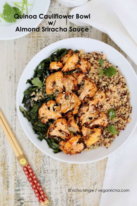 Quinoa Cauliflower Bowl with Almond Sriracha Sauce - Vegan Yack Attack Vegetarian Quinoa Recipes, Cauliflower Bowl, Best Quinoa Recipes, Cauliflower Quinoa, Best Quinoa, Lentils Protein, Chili Lime Dressing, Dinner Vegetarian, Vegetarian Quinoa