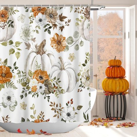 PRICES MAY VARY. Material: Our pumpkin shower curtain is made of polyester fabric,water repellent for water easily glide off;soaking resistant to keep clean and dry,thick enough for privacy protection Size: 72 wide x 72 height with 12 pcs hooks could compatible with most shower curtain liners on the market,and suitable for most home bathrooms,hotel bathrooms,shower stall rooms,RV bathroom Design: We have a professional team of designers,the unique pattern design comes from the designer's underst Fall Shower Curtains, Thanksgiving Watercolor, Fall Shower Curtain, Bathroom Shower Stalls, Curtains For Bathroom, Pumpkin Fabric, Teal Pumpkin, Plastic Shower Curtain, Bathtub Decor