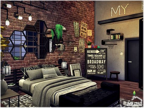 nobody1392's Industry Bedroom Sims 4 Industrial Bedroom, Sims 4 Industrial Cc, Sims 4 Boys Room, Sims Bedroom Cc, Sims 4 Teen Bedroom, Sims 4 Industrial, Sims 4 Bedroom Cc, Bedroom Brick Wall, Sims 4 Loft