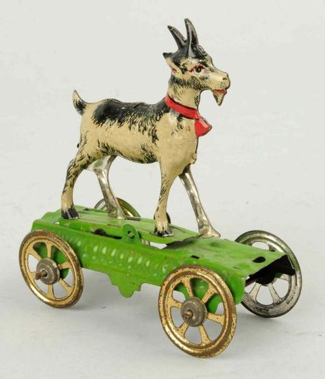 German Tin Litho Goat on Platform Penny Toy. | Dolls & Toys | Pinterest | Juguetes, Juguetes antiguos y Latón Furniture Joinery, 1950s Decor, Victorian Toys, German Toys, Toys In The Attic, Vintage Animals, Arte Folk, Wind-up Toys, Metal Toys