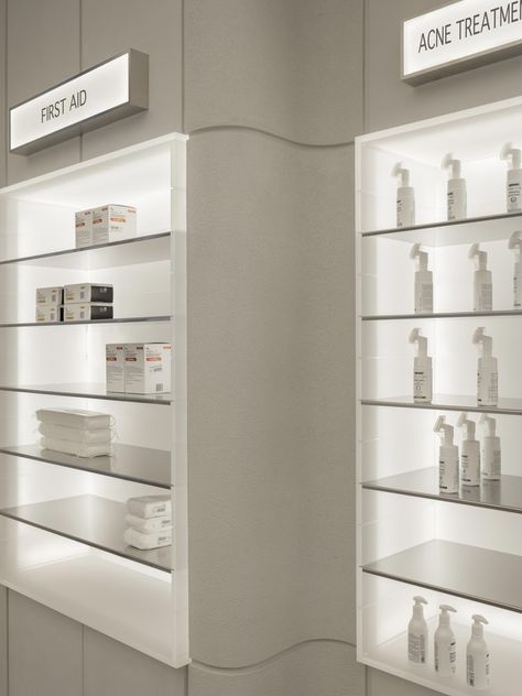 Gallery of Pharmacy Plus / fortytwelve - 5 Toko Parfum, Pharmacy Decor, Pharmacy Design, Retail Shelving, Cosmetic Display, Craft Display, Cosmetic Shop, Retail Experience, Metal Shelves