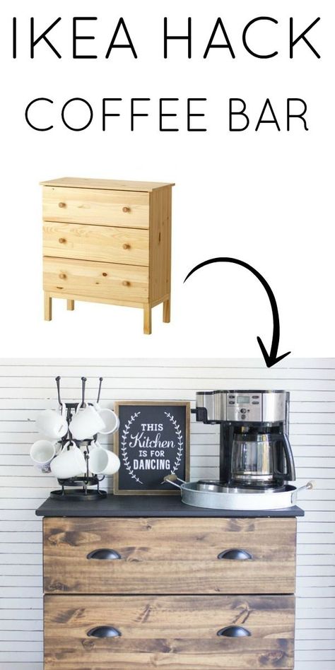 I love this Ikea hack!! Create a simple DIY coffee bar using an Ikea Tarva dresser. The wood and black make this perfect for a modern farmhouse style beverage station! Coffee Bar Essentials, Ikea Tarva Hack, Tarva Hack, Malm Hack, Ikea Sideboard, Ikea Tarva Dresser, Ikea Tarva, Ikea Desk Hack, Hack Ikea