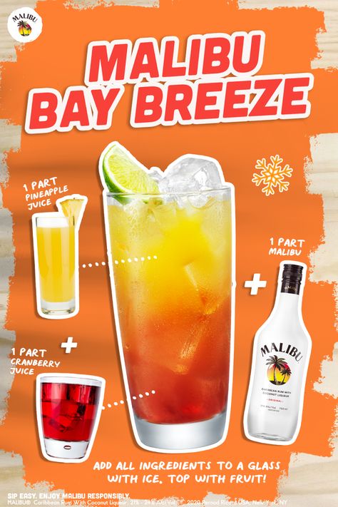 Malibu Pineapple Drinks, Malibu Drinks Recipes, Malibu Bay Breeze Recipe, Bay Breeze Drink, Bay Breeze Cocktail, Malibu Bay Breeze, Fruity Drink Recipes, Malibu Rum Drinks, Cocktails In A Can