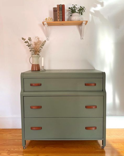 Colorful Dressers Bedroom, Sage Green Dresser Bedroom, Sage Dresser Bedroom, Sage Green Drawers, Sage Green Dressers Painted, Sage Headboard, Sage Dresser, Waterfall Dresser Makeover, Sage Green Dresser