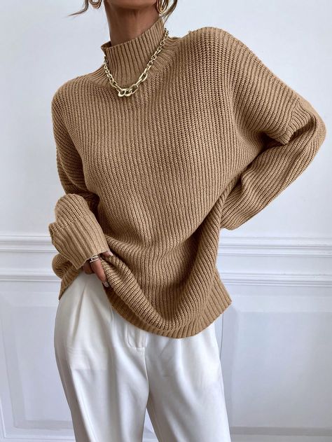 Khaki Casual Collar Long Sleeve Fabric Plain Pullovers Embellished Slight Stretch Spring/Fall Women Clothing Batwing Sleeve Sweater, Batwing Sweater, Pullover Outfit, Solid Sweaters, Long Sleeve Pullover Sweater, Drop Shoulder Sweaters, High Neck Long Sleeve, Woman Standing, Color Block Sweater