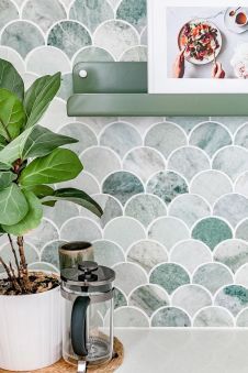 Coastal Shower Tile Ideas, Coastal Tiles, Coastal Backsplash, Modern Coastal Bathroom, Sea Glass Tile, Scallop Tiles, Mermaid Tile, Seaside Home Decor, Coastal Kitchen Decor