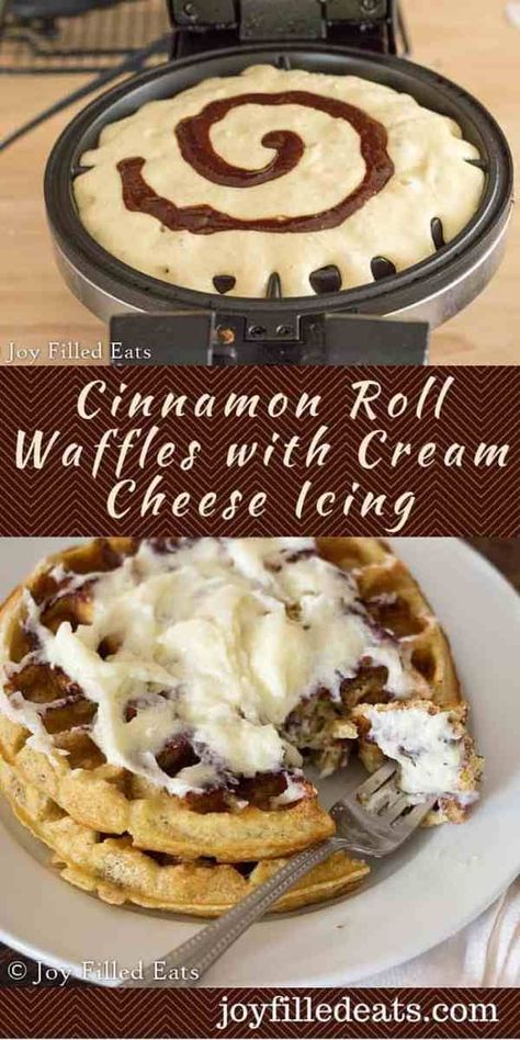 Cinnamon Roll Waffles with Cream Cheese Icing Waffles With Cream Cheese, Keto Cinnamon Roll, Breakfast Food Truck, Cinnamon Roll Waffles, Crock Pot Food, Healthy Breakfast Muffins, Baked Carrots, Joy Filled Eats, Breakfast Casserole Sausage