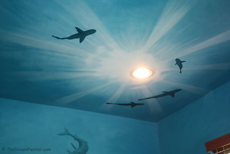 Shark Mural, Underwater Bedroom, Sharks Swimming, Underwater Room, Shark Room, Ocean Room Decor, Ocean Bedroom, Ocean Mural, Ocean Themed Bedroom