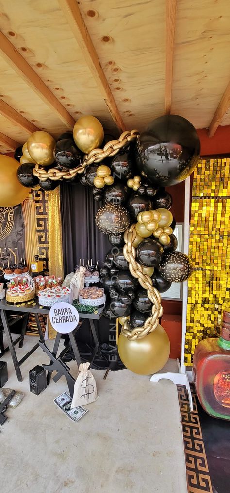 Buchona Party Theme Ideas, Gold Money Theme Party, Black And Gold Male Birthday Party, Gangsta Theme Party, Designer Themed Party, Buchona Birthday Party, Narco Party Theme, Buchon Party Theme For Men, Narco Theme Party