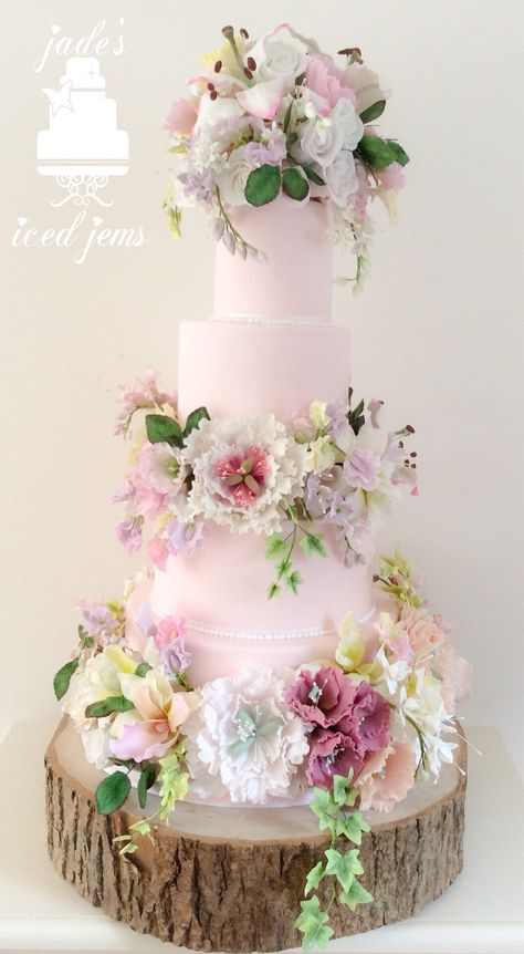 Wedding Cakes Pink Flowers, Floral Quinceanera Cake, Pink Quince Cake With Flowers, Pink Enchantment Cake, Sweet Pea Wedding Cake, Sugar Flower Wedding Cake, Lavender Cake, Sugar Flowers Cake, Spring Wedding Cake