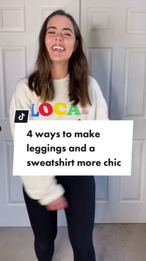 Georgie(@georgie.morley) on TikTok: 4 ways to make leggings and a sweatshirt more chic 🤍 which is your fav? #leggingsoutfit #leggings #howtostyleleggings #howtostyle #ootd #fashion How To Style Leggings And A Sweatshirt, How To Dress Up A Sweatshirt And Leggings, Sweat Shirt And Leggings Outfit, Leggings And Oversized Sweatshirt, Leggings With Sweatshirt, Leggings Sweatshirt Outfit, Oversized Sweatshirt Outfit Leggings, How To Dress Up A Sweatshirt, Leggings Hoodie Outfit