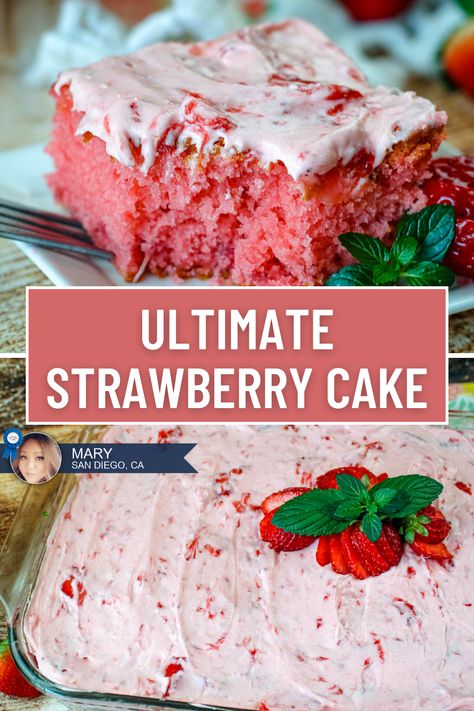 Fluffy & fresh strawberry cake with a sweet & creamy frosting! Moist Strawberry Cake Recipe, Strawberry Refrigerator Cake, Moist Strawberry Cake, Strawberry Cake From Scratch, Refrigerator Cake, Easy Summer Dessert Recipes, Homemade Strawberry Cake, Strawberry Cake Easy, Fresh Strawberry Cake