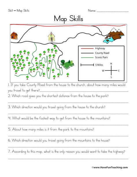 Second Grade Map Skills Worksheets Map Skills Worksheet Worksheets For 3rd Grade, Reading Practice Worksheets, Social Studies Maps, Teaching Maps, Five Themes Of Geography, Map Skills Worksheets, Geography Worksheets, Map Worksheets, Homeschool Geography