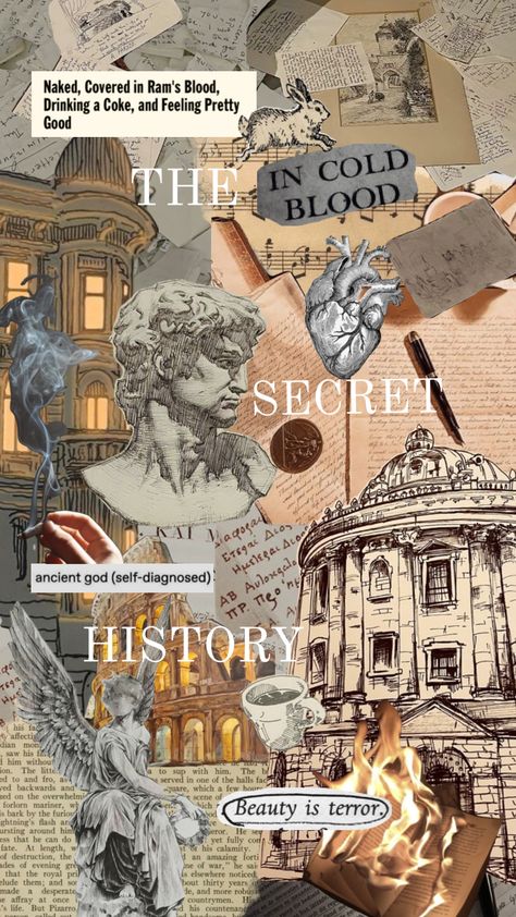 The secret history vibes #thesecrethistory #thesecrethistorybook #donnatartt #darkacademia #messy #darkaesthetic #vintageaesthetic History Notebook Cover, History Notebook, Best Quotes Wallpapers, Front Page Design, In Cold Blood, Donna Tartt, The Secret History, History Books, Cover Pages