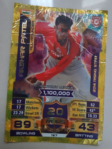 The Cricket Attax Collectable cards. This card shows it is a Rising Star Card player Akshar Patel. He started his IPL career with Kings XI Punjab which is now named as Punjab Kings. #CricketAttax #TradingCards #AksharPatel Punjab Kings, Cricket Player, Fantasy League, Gold Foil Cards, Foil Card, Player Card, Collectible Cards, Unique Cards, Bowling