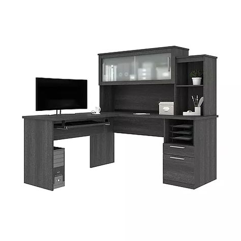 Dayton by Bestar L-Shaped desk in Bark Gray Cool Office Desk, Visual Clutter, Desk With Keyboard Tray, L Desk, Desk With Hutch, Frosted Glass Door, Keyboard Tray, Desk Hutch, Home Office Furniture Desk