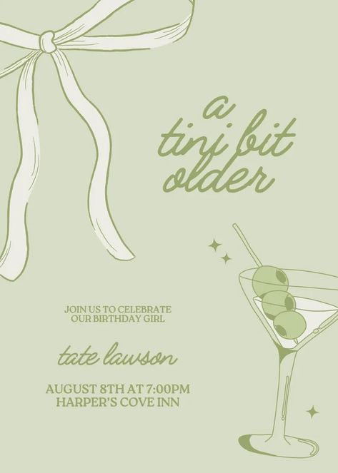 Tini Bit Older Invitation, Birthday Dinner Invite Template, Martini Theme Birthday, Girls Birthday Dinner, Dirty Thirty Martini - Etsy 26 Theme Birthday, Womens Birthday Themes, Tini Bit Older Invites, Dirty 30 Martini Party, Aesthetic Birthday Theme, Birthday Invite Ideas, Tini Bit Older Bday Theme, Martini Themed Birthday Party, Birthday Party Themes For Adults