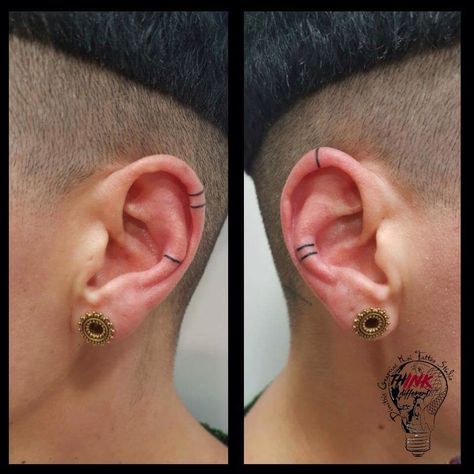 Ear Stripe Tattoo, Ear Band Tattoo, Viking Ear Tattoo, Earring Tattoo, Side Of Ear Tattoo, Ear Tattoos For Men, Inside Ear Tattoos, Ear Tats, Stripe Tattoo