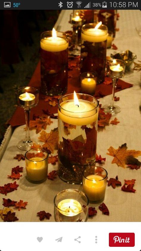 Fall Floating Candles, Reception Place Settings, Orange Centerpieces, Wedding Reception Lighting, Fall Wedding Tables, Autumn Wedding Reception, Indoor Reception, Fall Wedding Centerpieces, Wedding Place Settings