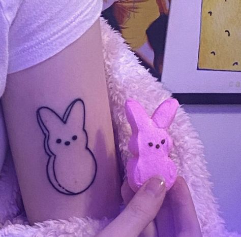 colliscool peep bunny tattoo on arm Peep Marshmallow Tattoo, Easter Tattoo Ideas, Peep Bunny Tattoo, Peeps Tattoo, Peep Inspired Tattoos, Roblox Tattoo, Lil Peep Tattoo Ideas, Easter Tattoo, Cop Tattoos