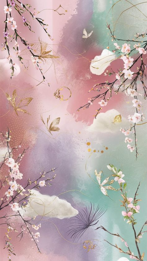 Immerse yourself in 'Ethereal Garden: A Pastel Dreamscape,' a visually captivating aesthetic wallpaper designed to soothe your senses. This artwork features a harmonious blend of blush pink, lavender, and mint green hues, intertwined with delicate cherry blossoms, ethereal butterflies, and gentle clouds. Adorned with subtle touches of gold and rose gold accents, this luxurious backdrop showcases a watercolor texture that seamlessly melds the colors together. Light bokeh effects add depth and interest, creating a dreamy atmosphere of tranquility, beauty, and sophistication. Perfect for adding an elegant and calming touch to any space. Mint Aesthetic, Rose Gold Accents, Flower Background Wallpaper, Pink Lavender, Stunning Wallpapers, Dreamy Art, Watercolor Texture, Touch Of Gold, Butterfly Wallpaper