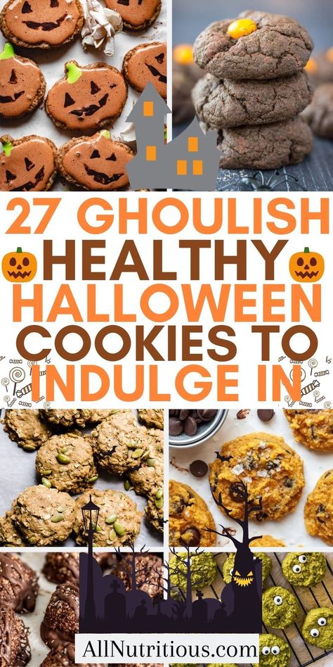 You can easily indulge in these halloween treats without the guilt when you make these healthy halloween cookies. These yummy sweet snacks are perfect to make for any halloween party. These healthy halloween cookies are great for kids too. Halloween Cookies Healthy, Simple Halloween Cookies, Healthy Halloween Desserts, Paleo Pumpkin Cookies, Oatmeal Protein Cookies, Protein Chocolate Chip Cookies, Pumpkin Cookies Healthy, Peanut Butter Protein Cookies, Vegan Oatmeal Cookies