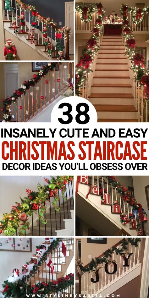 christmas staircase decor ideas Christmas Railings Decor, Stair Railing Decorations Christmas, Christmas Decoration For Stairs Railings, Flocked Garland Staircase, Garland Wrapped Staircase, Ribbon On Staircase Banisters, Decorating Stairway For Christmas, Christmas Ideas For Stairs, Stairs Christmas Decorations Railings